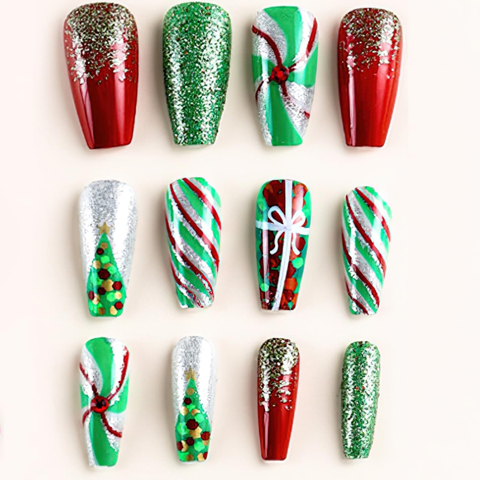 Christmas Press on Glitter Glue Nails 24pcs – Medium Square Coffin False Nail…