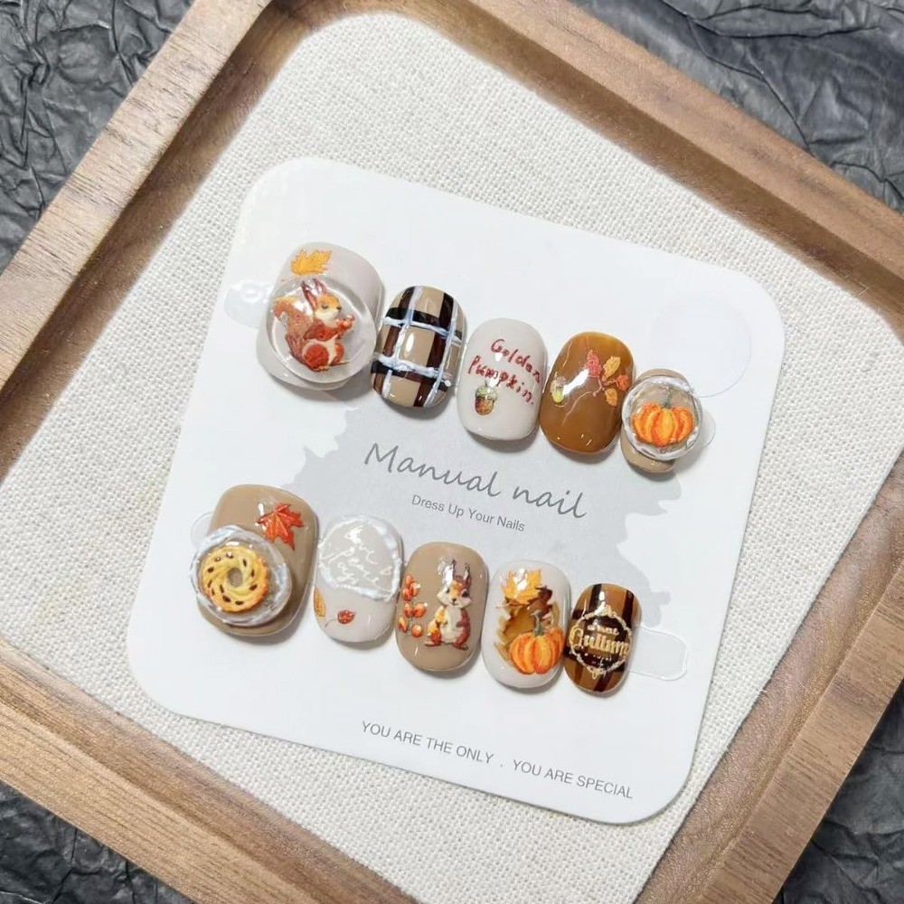 Thanksgiving Press on Nails Short 3D Maple Leaf Squirrel Pumpkin Design Fall