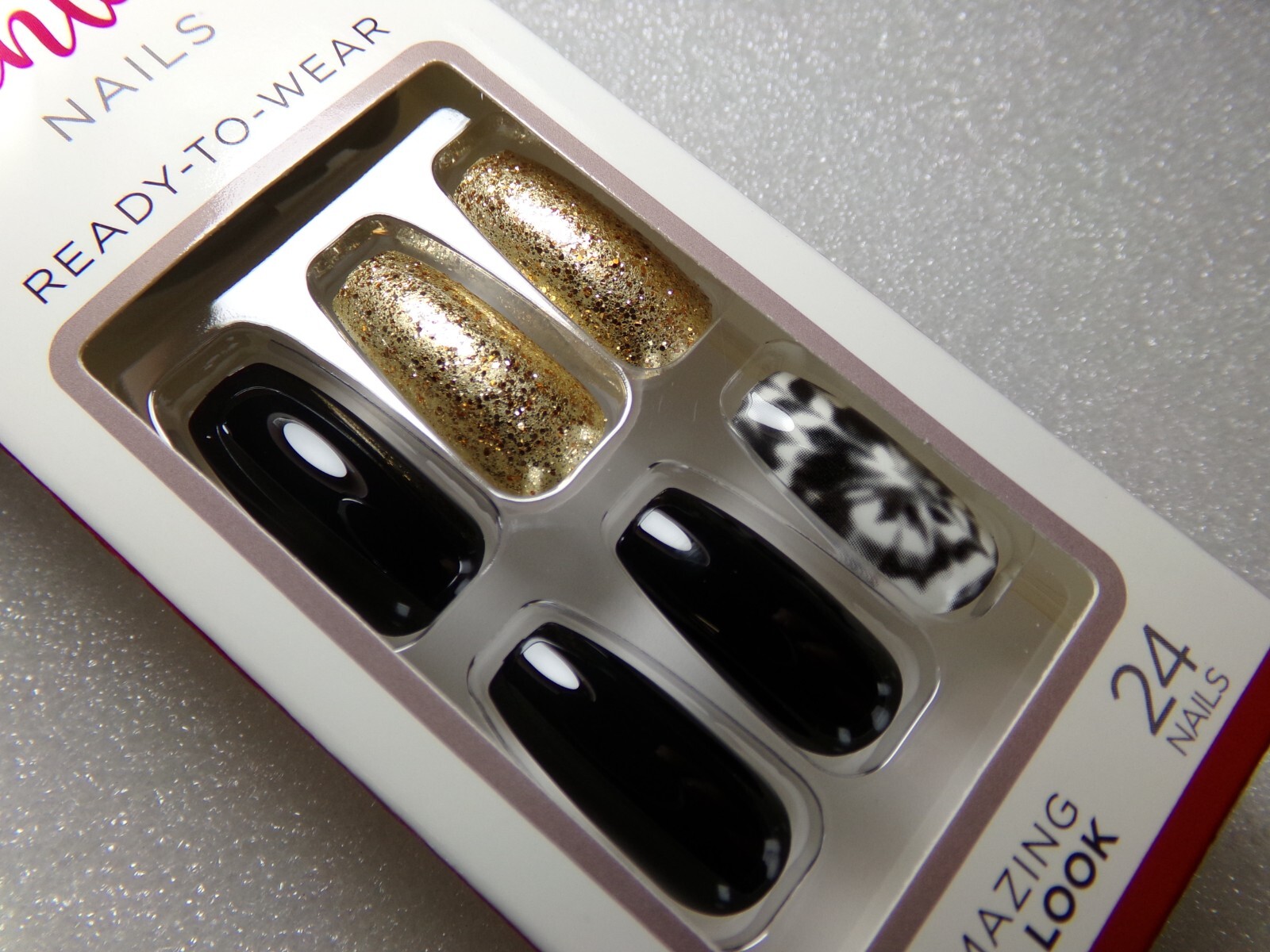 KISS NAILS GLUE ON Black & White & Gold Glitter Tie Dye LONG, COFFIN Free ship