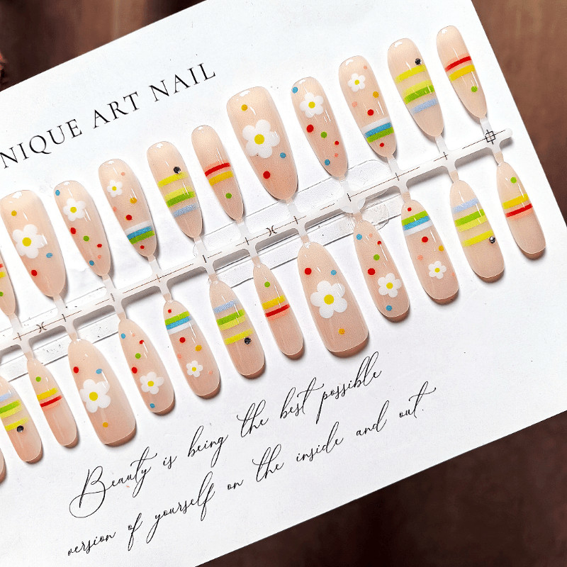 60pcs Almond Press on Nails, Clear Base Daisy Rainbow Stripes Summer Nails
