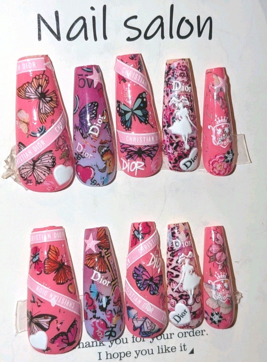 Printed custom decorative 10pc short acrylic press on nails sz large Glue…
