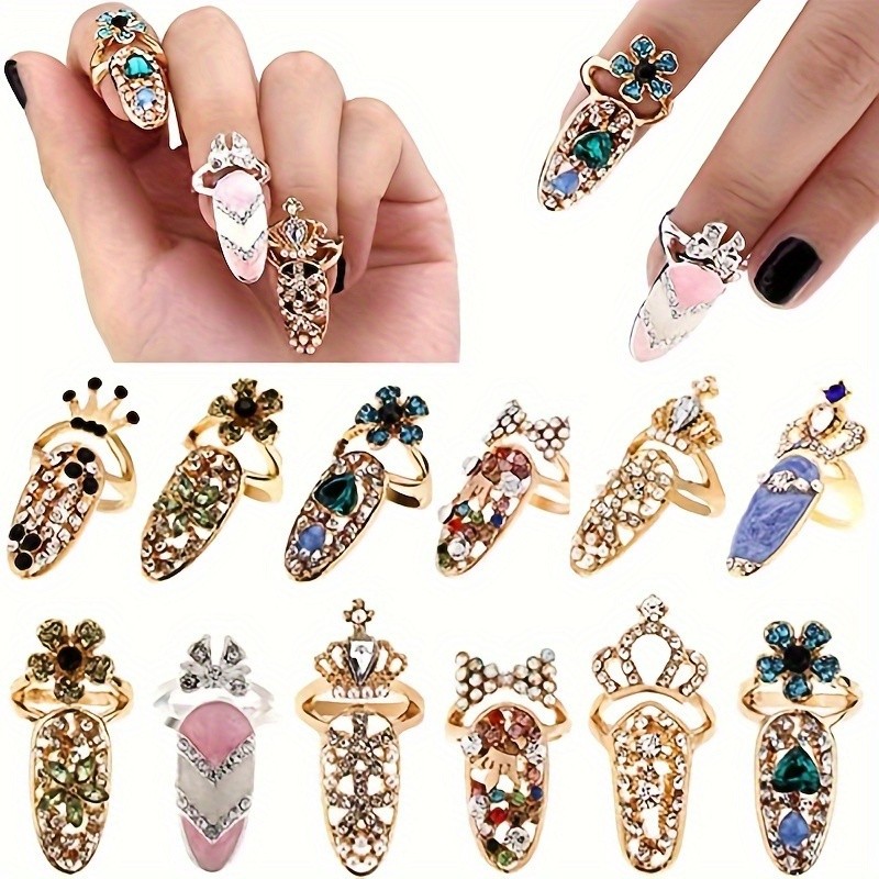 Luxury Crystal Flower Nail Rings Rhinestone Jewelry fits Fashion Runway Styling