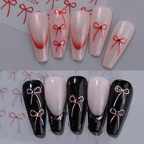 8 Sheets Bow Nail Stickers for Nail Art Black White Red Bow Nail Decals Gold