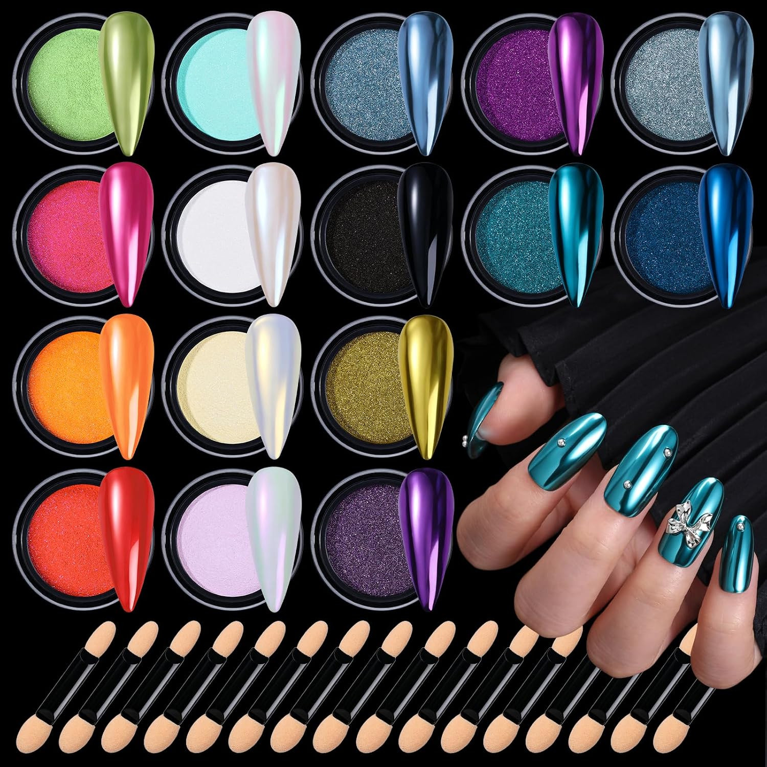 Metallic Mirror Chrome Nail Powder – 16 Colors Holographic Nail Art Set | Aurora