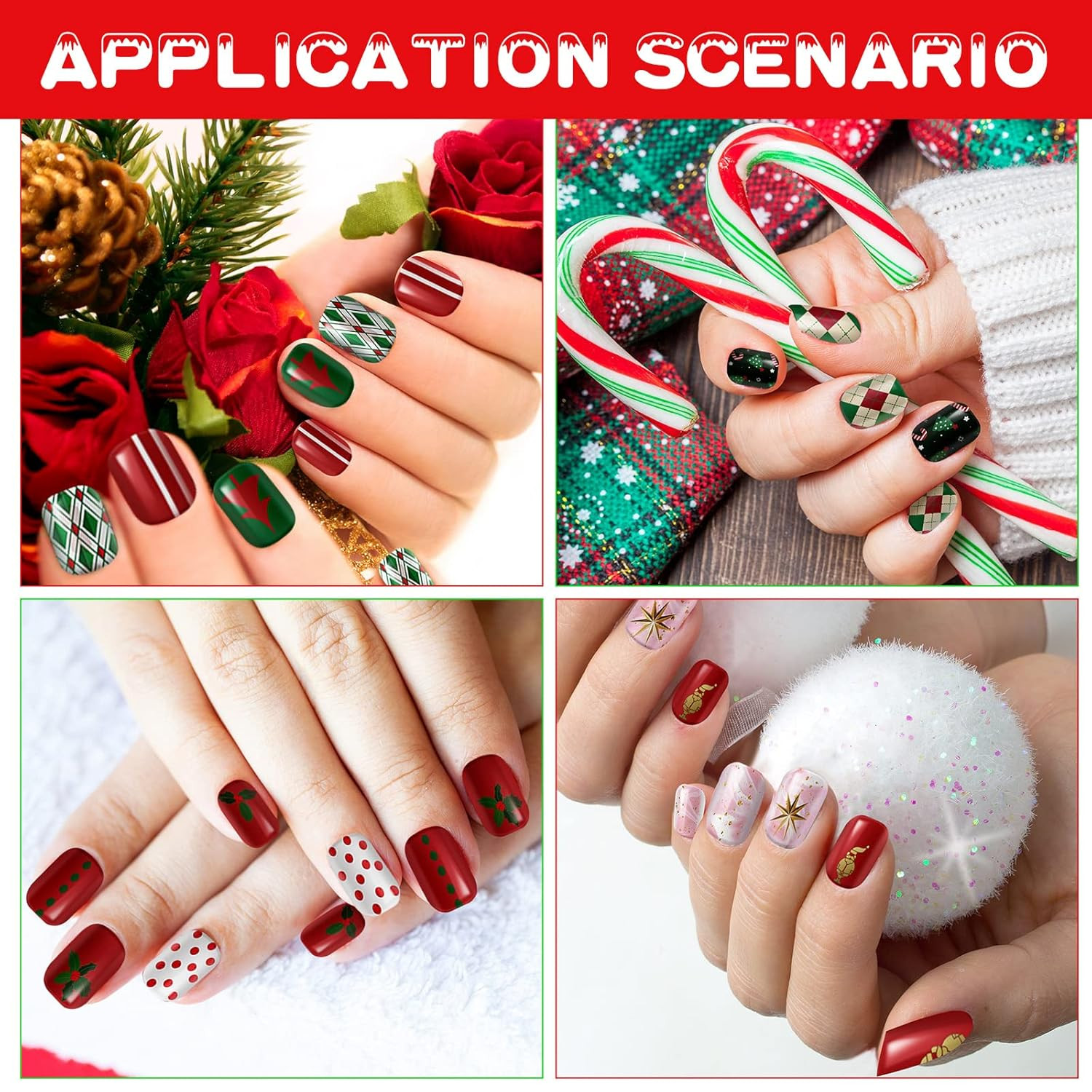 384Pcs 16Pack Christmas Press on Nails Winter Square Short Red Fake Nails with S