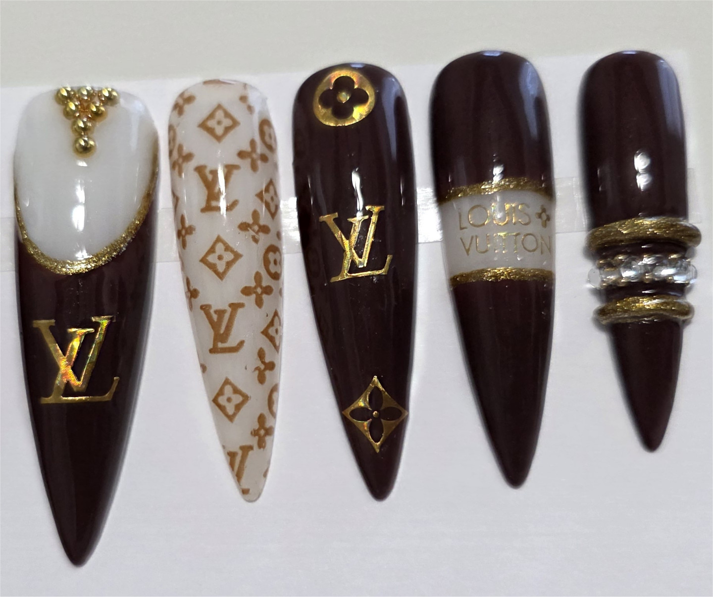 10 Pcs Press On Nails Custom Gel Luxury Brown Gold Full Set Long Nail +Kit M