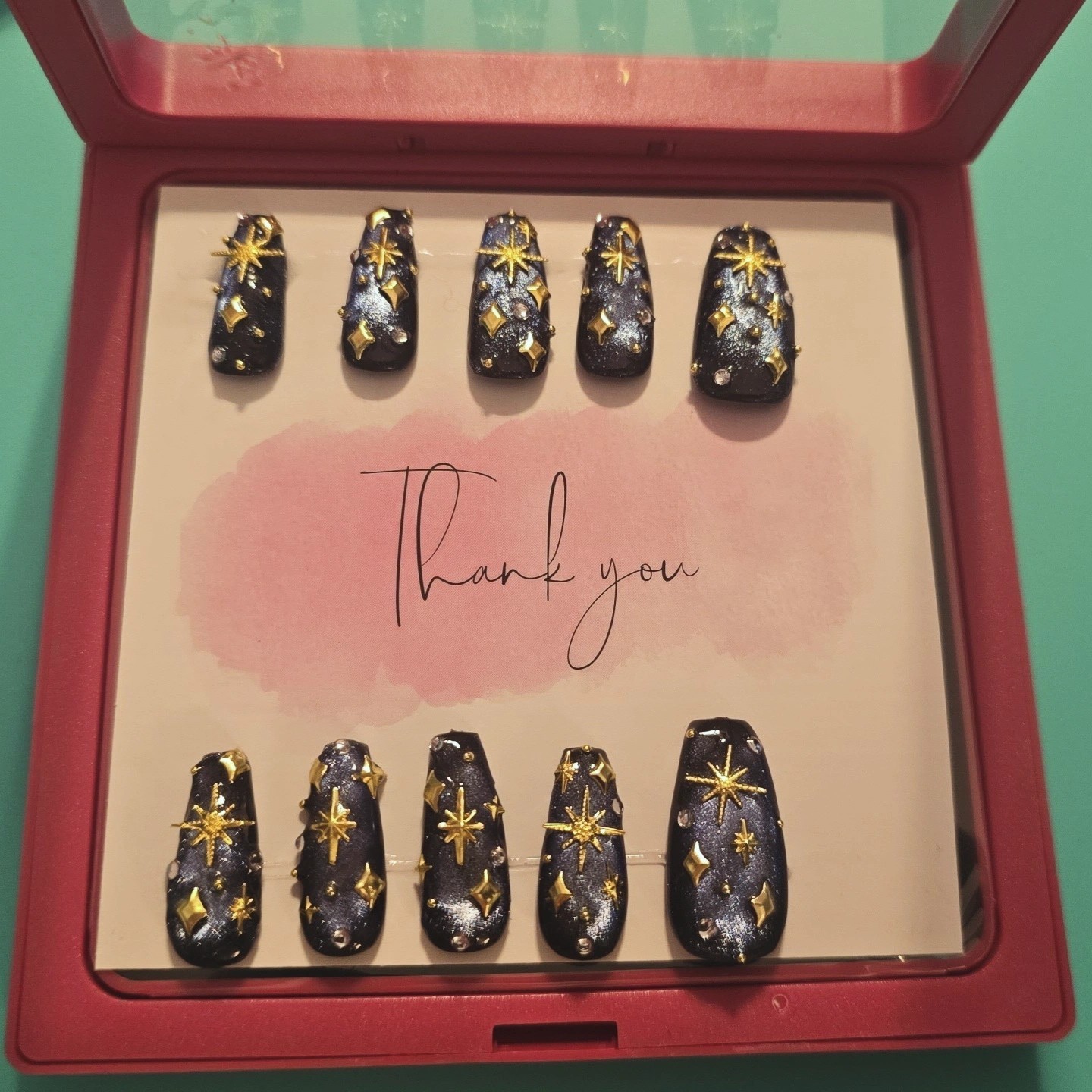 Homemade Black Gold Glitter Star Square Press-On Nails Set Full Cover