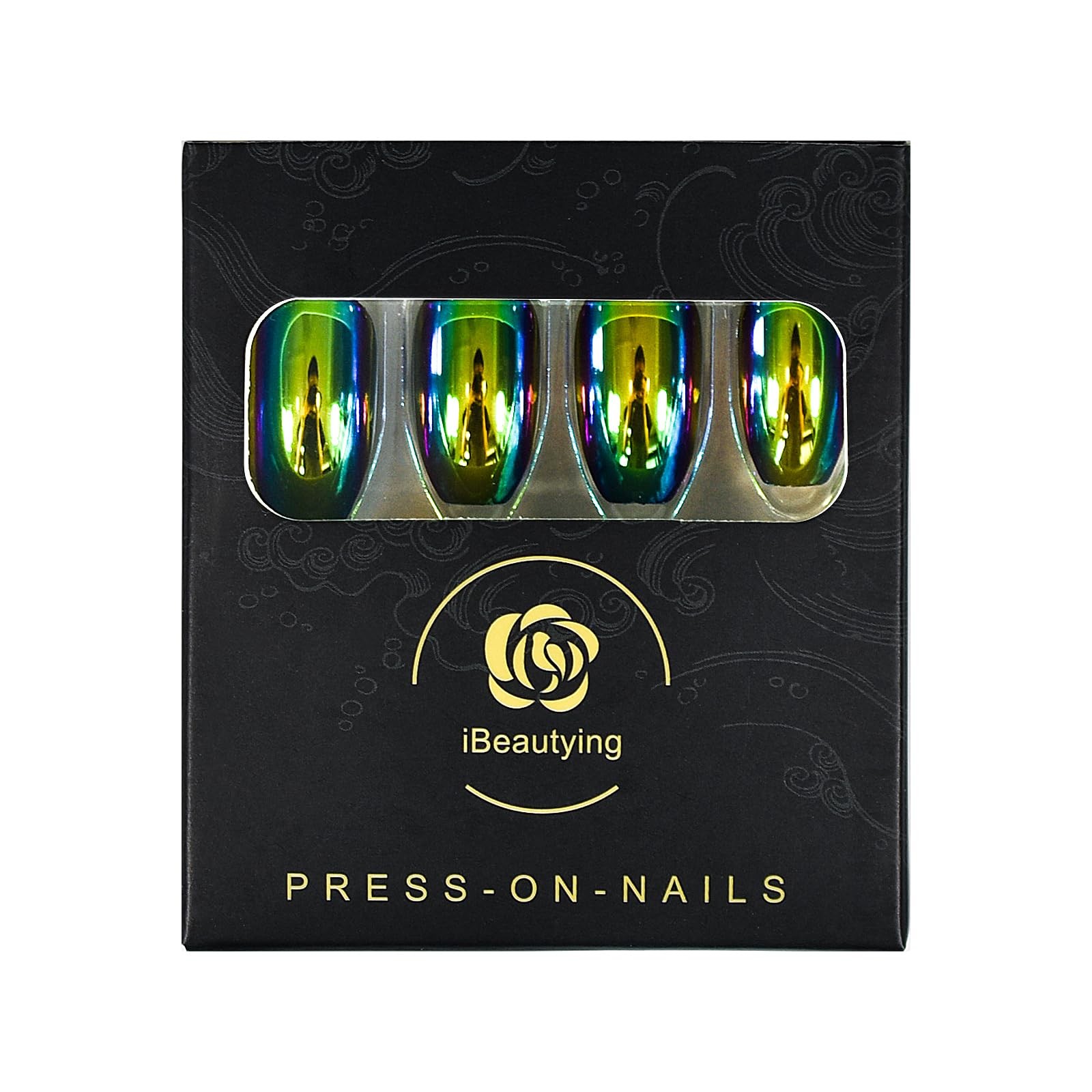 iBeautying Press on Nails – Chrome Magic Mirror Effect Medium Length, Green