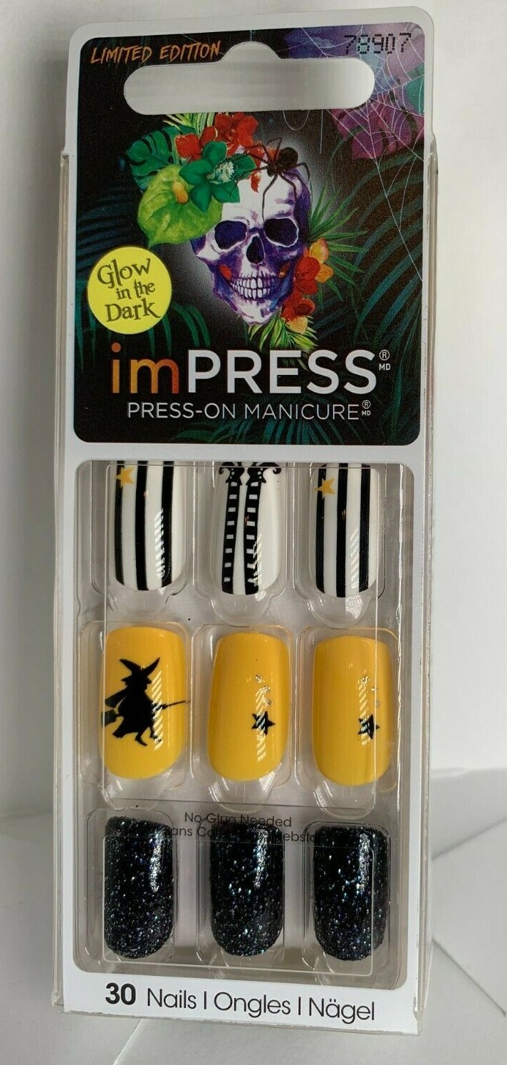 Impress Gel Manicure Press on Nails Short Halloween Yellow Witch glow in dark