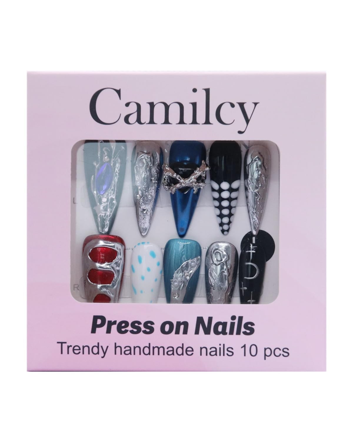 CAMILCY Press on Nails Long Stiletto Blue Black Silver Chrome Gothic Y2K 10pcs