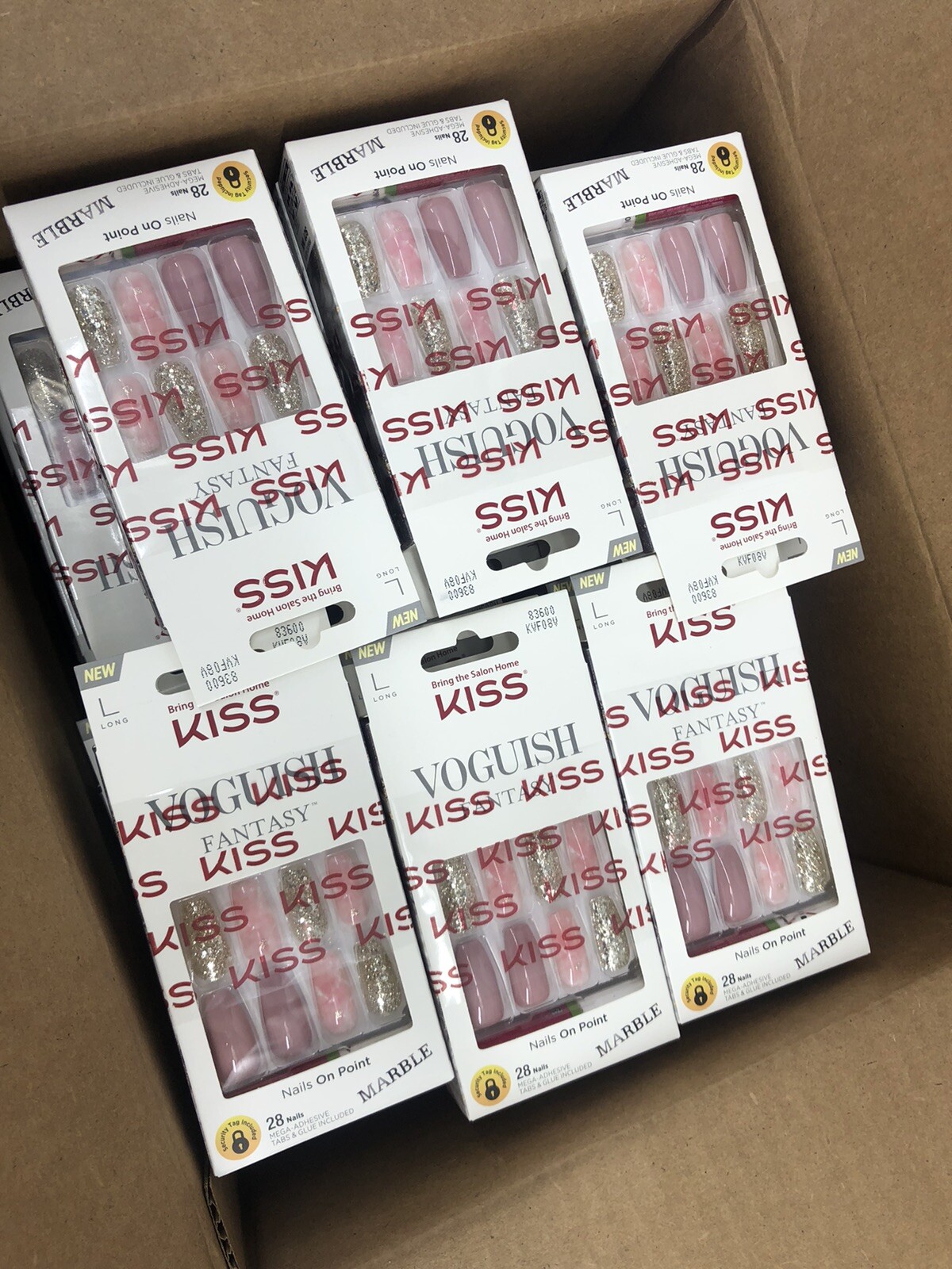 Lot of 36 Kiss Nails Voguish Fantasy Press On Long Coffin Marble Mauve Pink