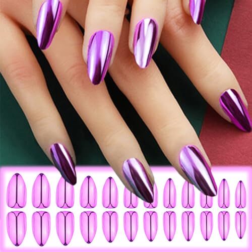 Chrome Metal Press on Nails Glossy Shine False Nails Gel Glue on Nails Purple