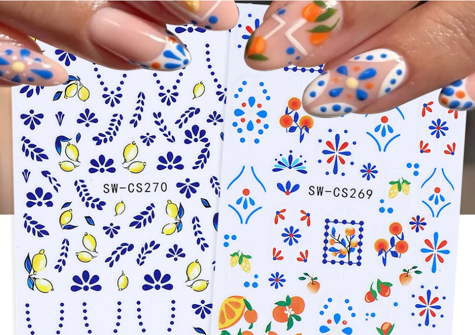 2Pcs Nail Art Stickers Decals Bohemian Fruit Yellow Flower Orange Manicure NH30