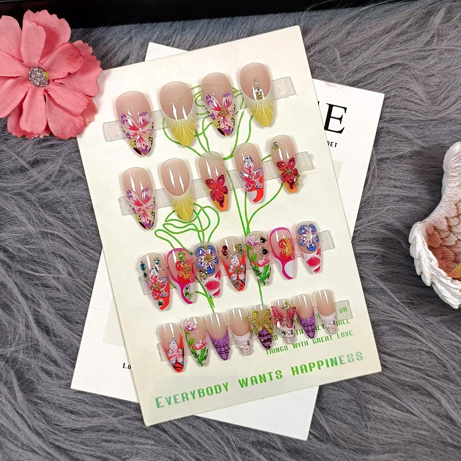Tropical Flower 3D False Nails With Tools, Vibrant Summer Colorful Butterfly …