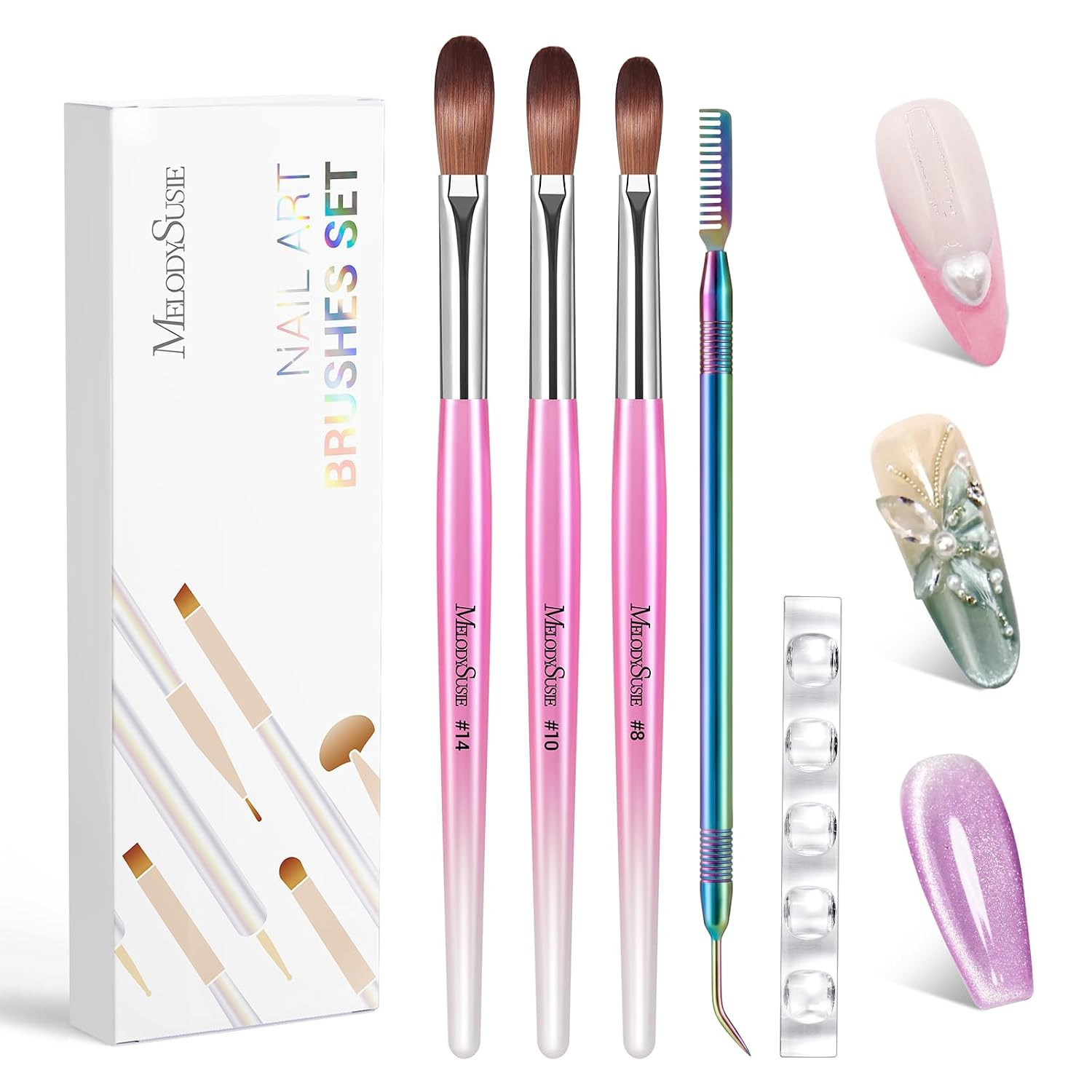 Acrylic Nail Brush Set, Size 8,10,14 Professional Pink Silver Nail Brushes with