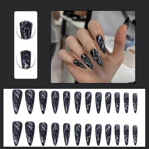 Marble Black Press on Nails Almond Medium Long Glue on Nails Acrylic Fake