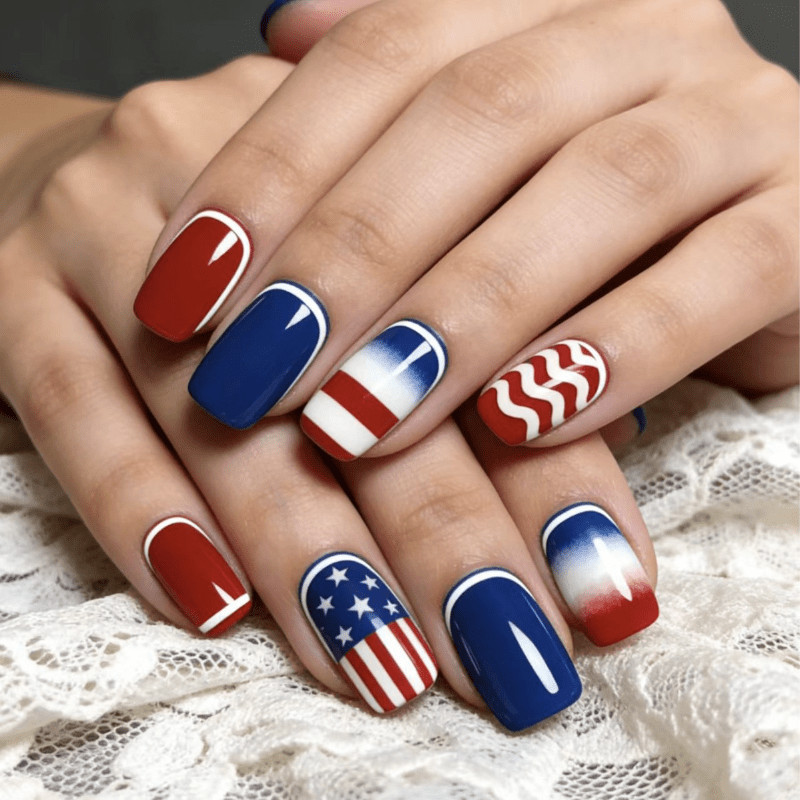 48 Pcs American Flag Press on Nails, Short Square Star Stripe Holiday Fake Nails