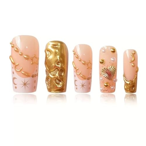 CTTHNBD Gold Press on Nails – Long Square Fake Nails with Star Moon Golden
