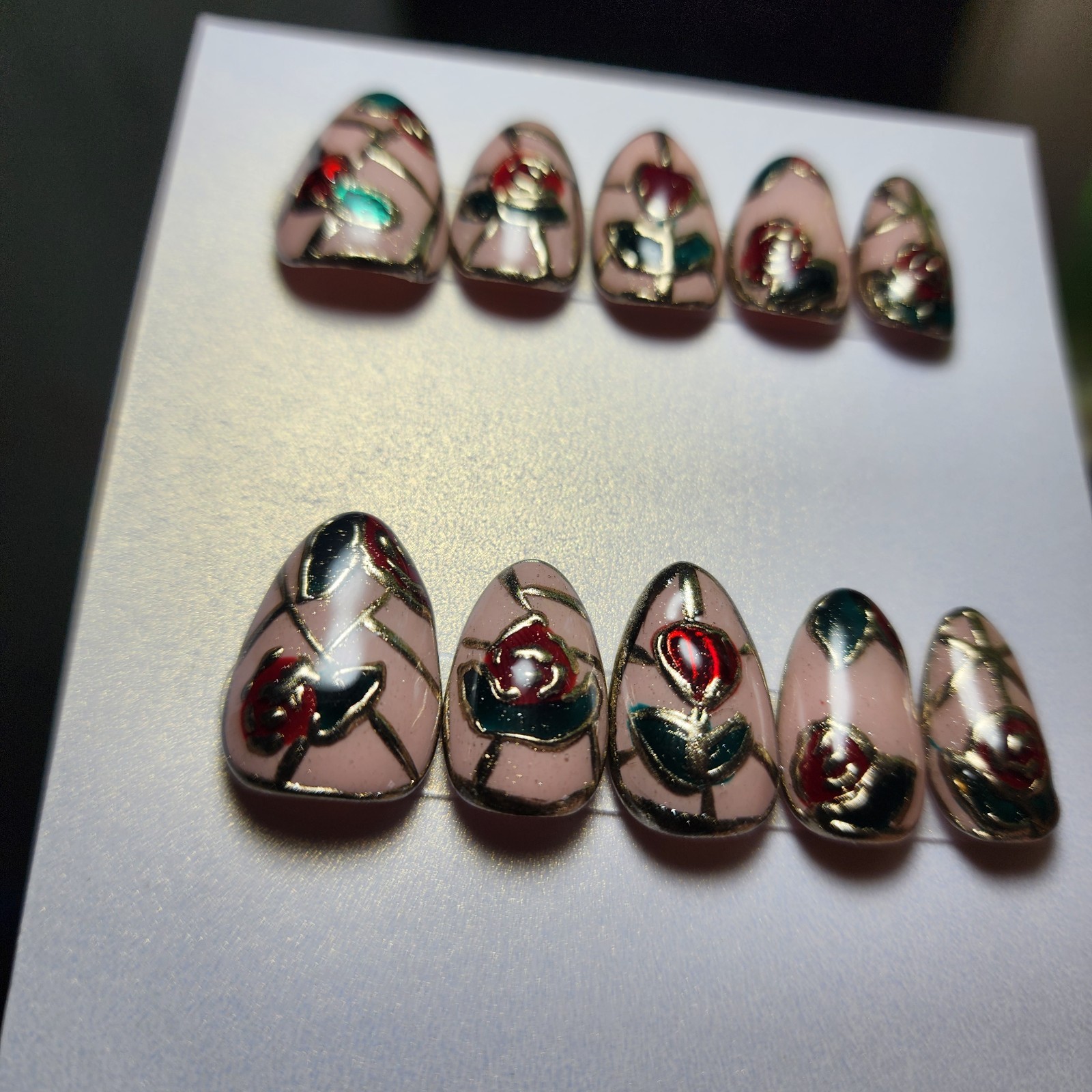 Handmade Medium Size Extra Short Stained Glass Press On Nails Roses And Chrome