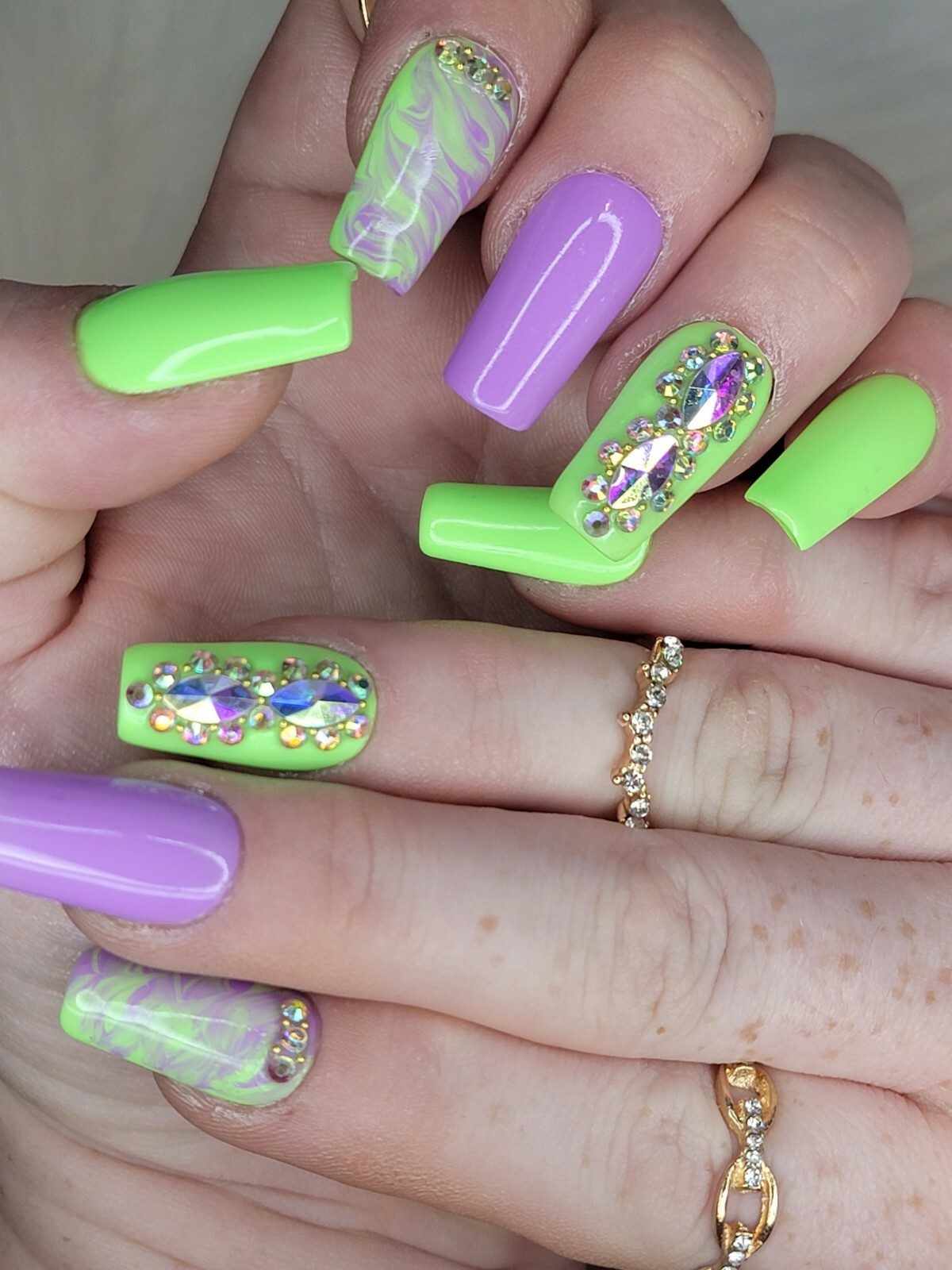 Green & purple marble bling press on nails square watercolor spring pastel nail