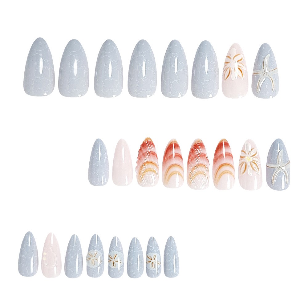 24pcs Summer Ocean Blue 3D Shell Design Press on Nails, Medium Almond