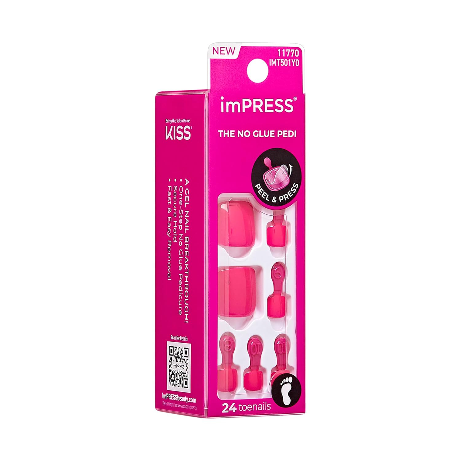 KISS Impress No Glue Mani 30 Pcs Press on Toenails, Hot Pink Stick on Extension