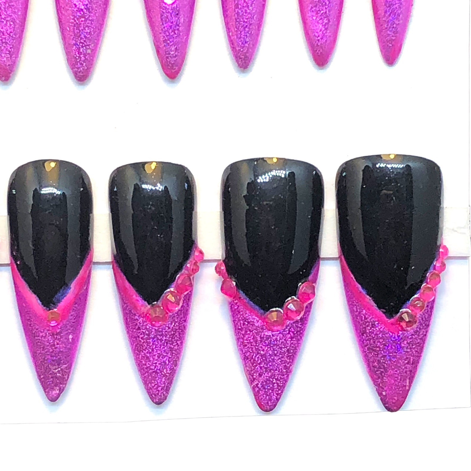 Custom Handmade Press On Nails Long Stiletto Black & Pink Hologram French Tips