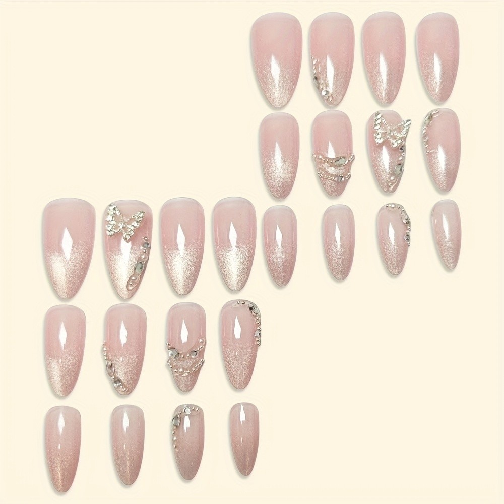48Pcs-Stiletto Press on Nails Silver Butterfly Rhinestone Glitter Fake Nails Set
