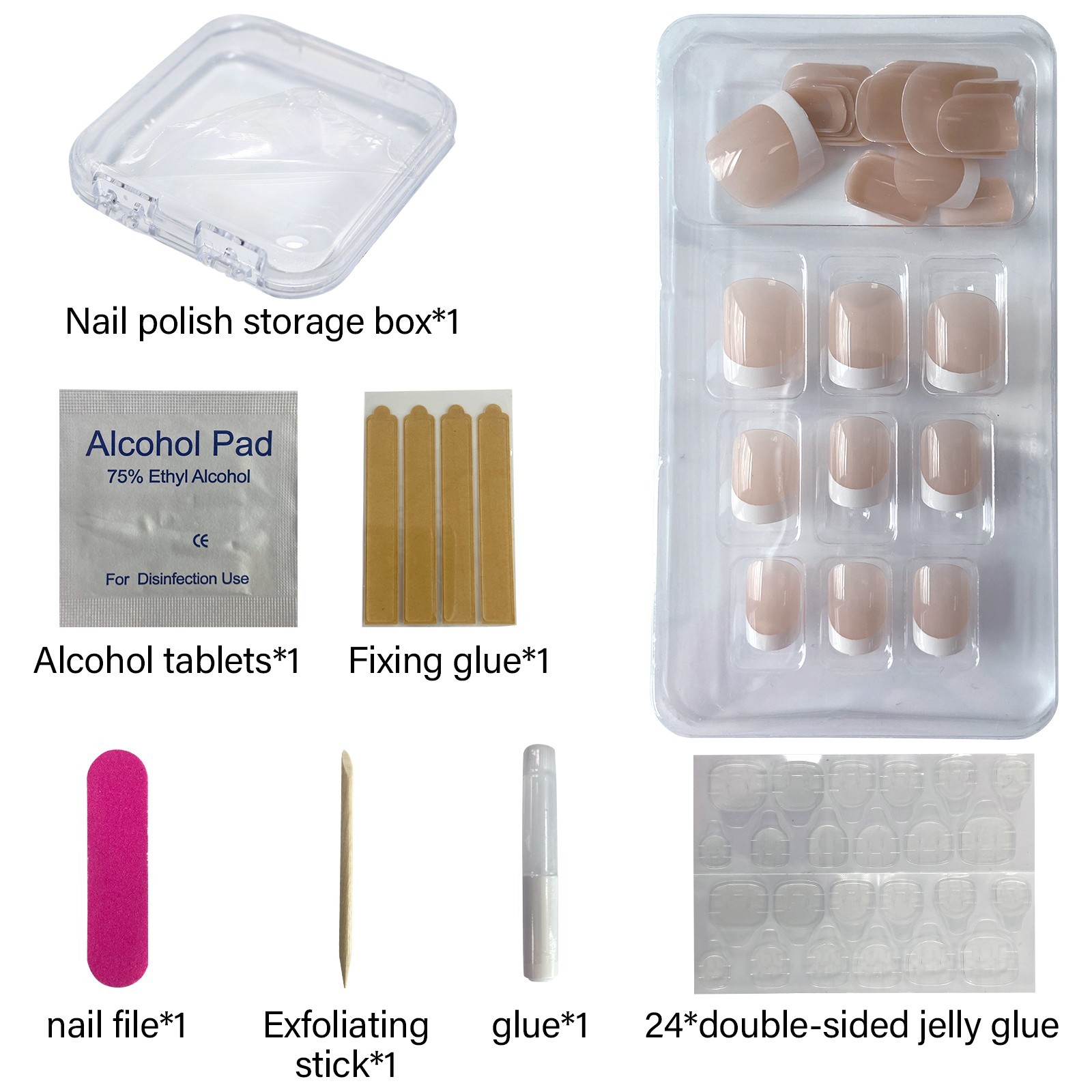 Short Square French Tip Press-On Nails, Nude Fake Nails with Full Prep Kit