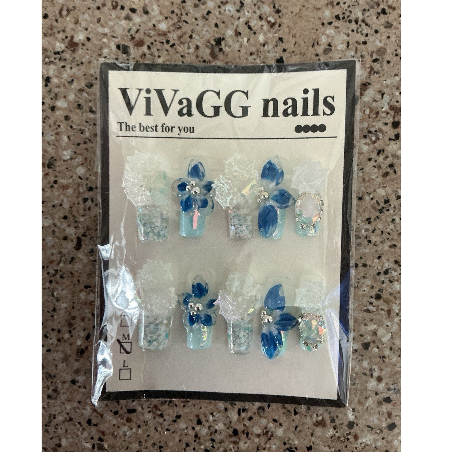 ViVaGG nails Blue White 3D Flower Glitter Medium Press-On Nails snow globe style