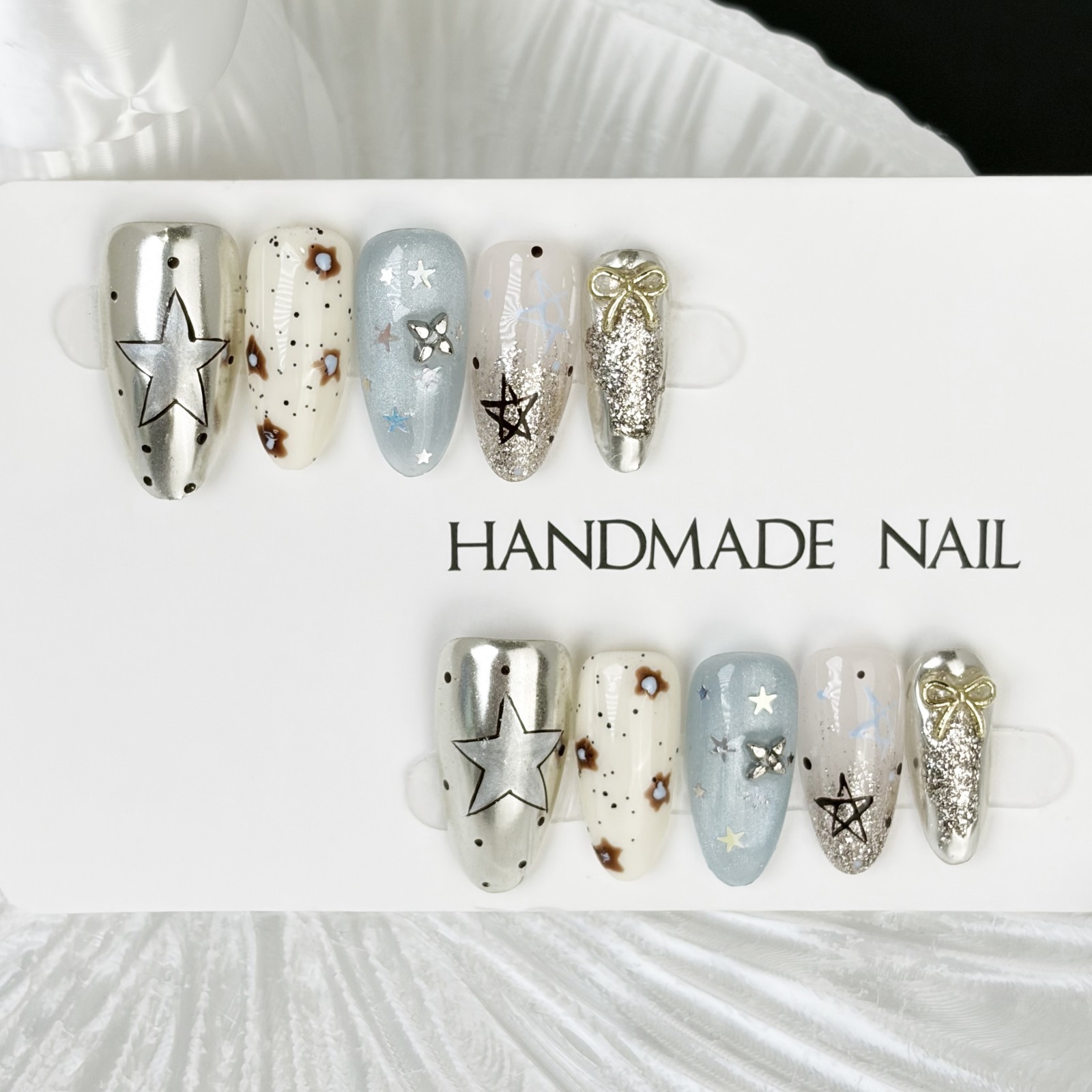 Galaxy Star Glitter Press-On Nails Mismatched Set Handmade Almond Nails Gift