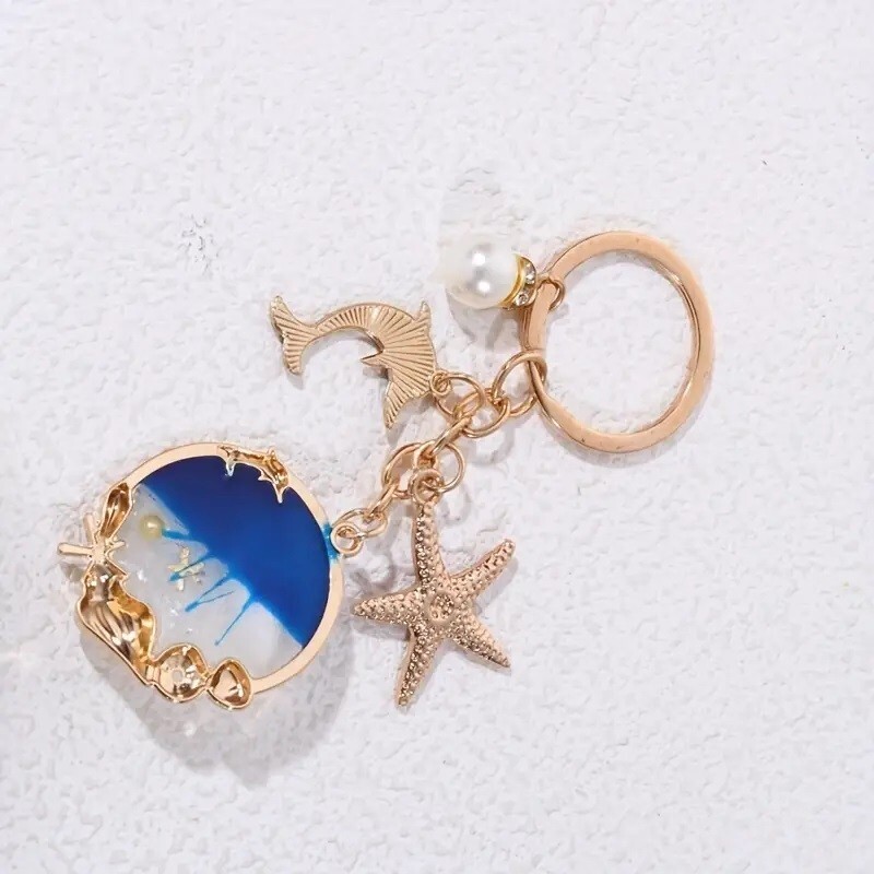 New Glitter Dolphin Starfish Conch Pearl Charm Keychain Key Ring Bag Backpack