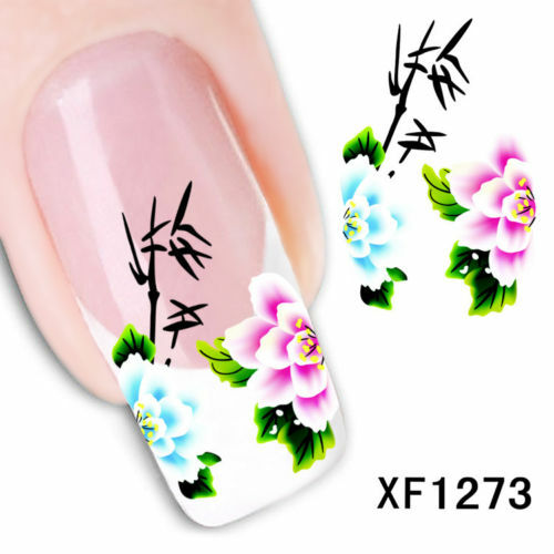 Nail Art Water Transfer Sticker Decal Stickers Pretty Flowers Pink Blue XF1273
