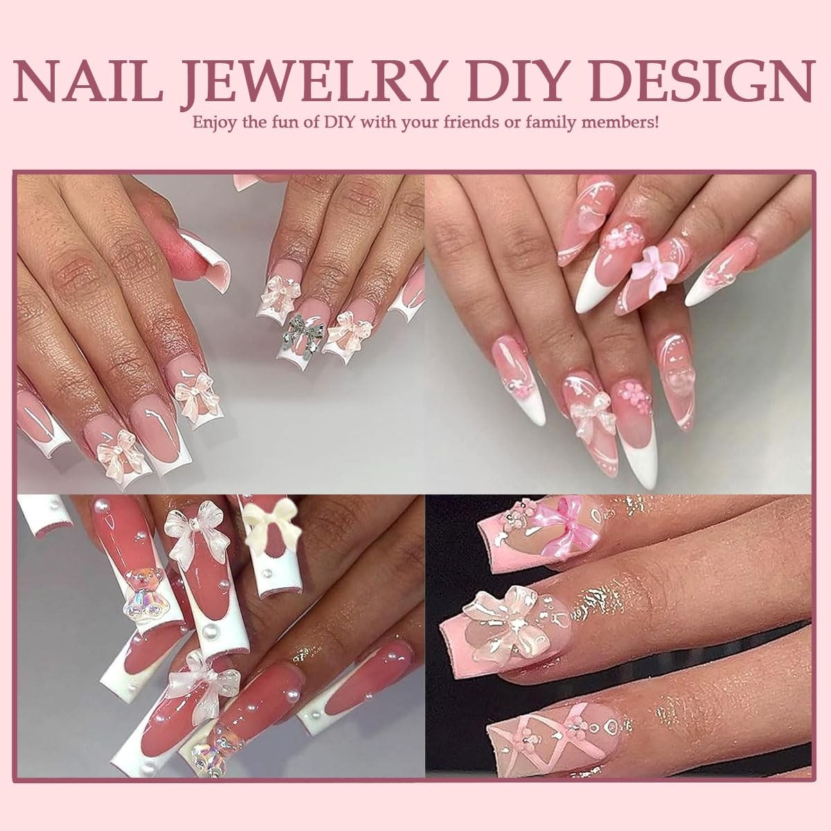 Bow Nail Charms and Gems Kit, 3D Color Kawaii Bow Nail Art Charms Gold Hollow…