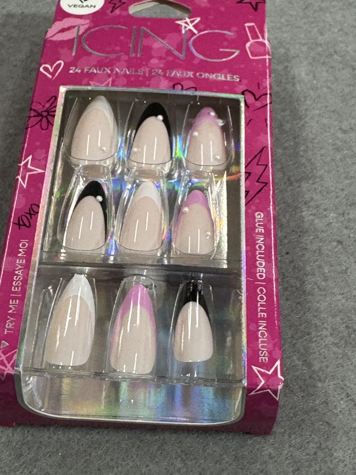 Icing Vegan Faux Nails 24 Pack Almond Stiletto Nude Black Tips Glue Included NEW