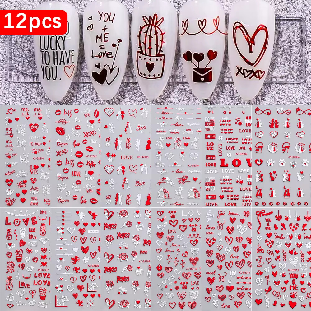 8Pc 3D Mixed Color Heart Nail Stickers Valentines’ Day Sweet Red Pink Love Selfa