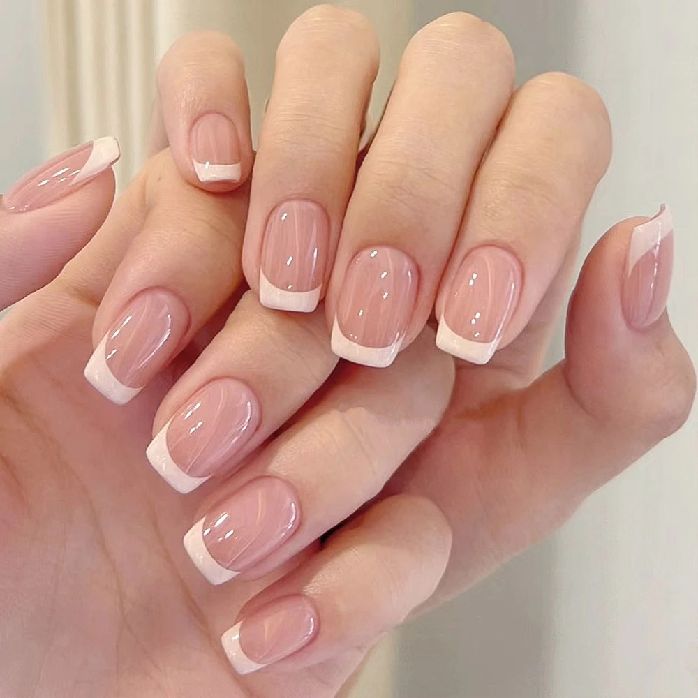 120Pcs Short Square Coffin French Fake Nails Glossy Pink Full Cover Press on