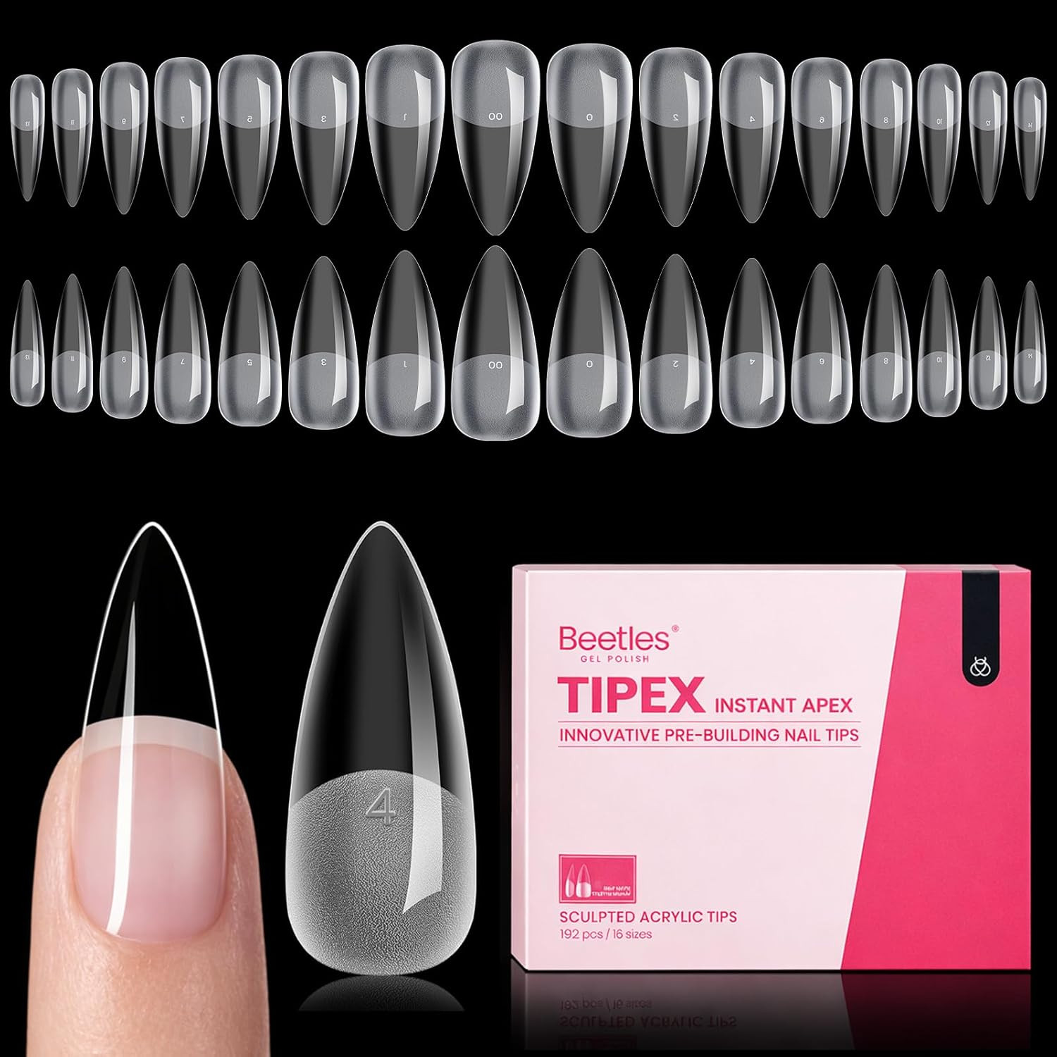 Beetles Tipex Instant Apex Nail Tips, Stiletto Medium, 16 Sizes (00–14), 192Pcs,