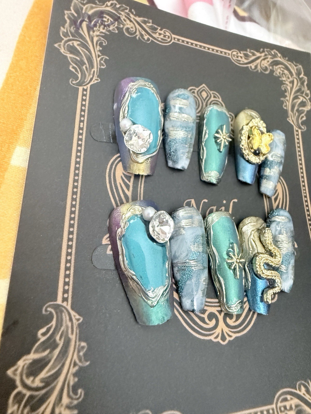 S size Long Coffin Artificial Nails Blue Gold 3D Butterfly Full Cover Nail Art