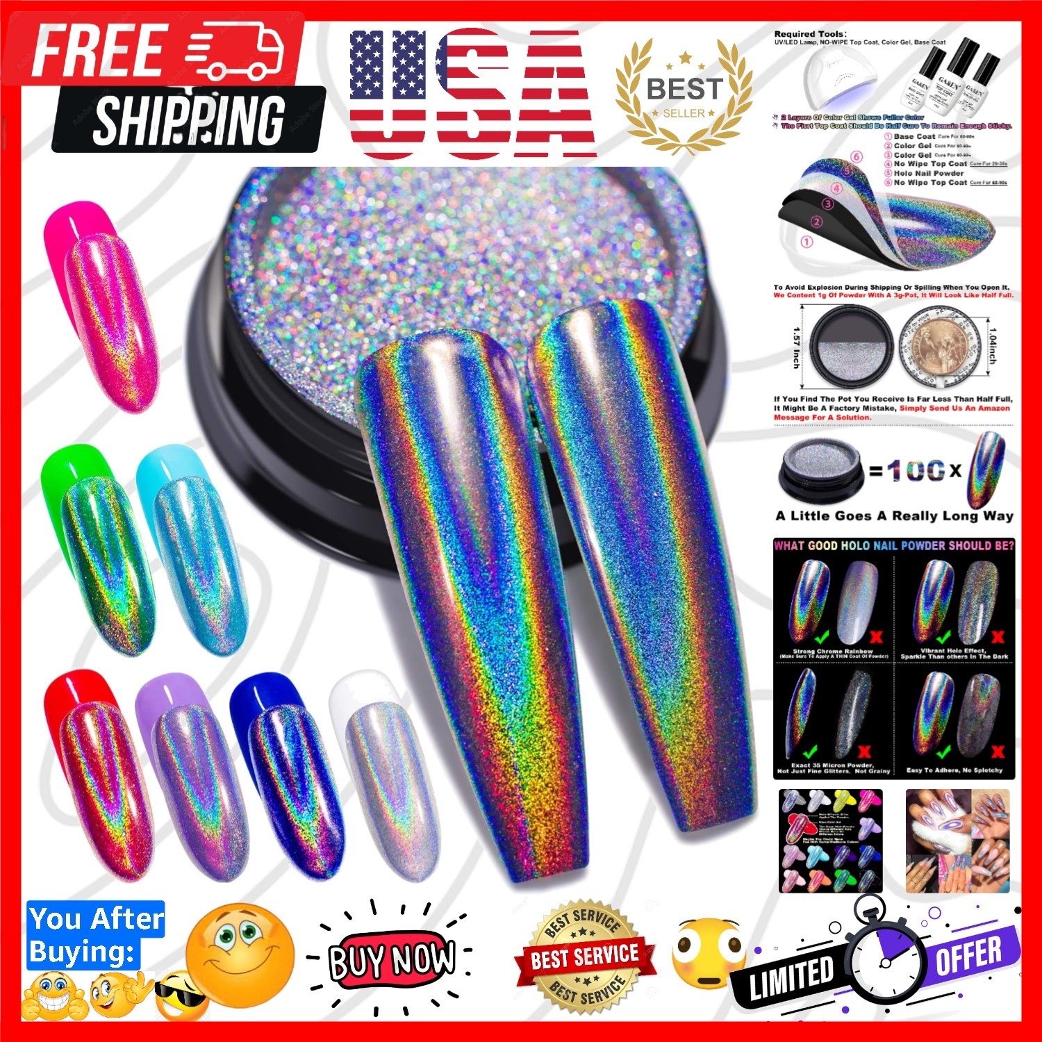 Holographic Unicorn Chrome Nail Powder Rainbow Nail Chrome Powder | Mirror La…