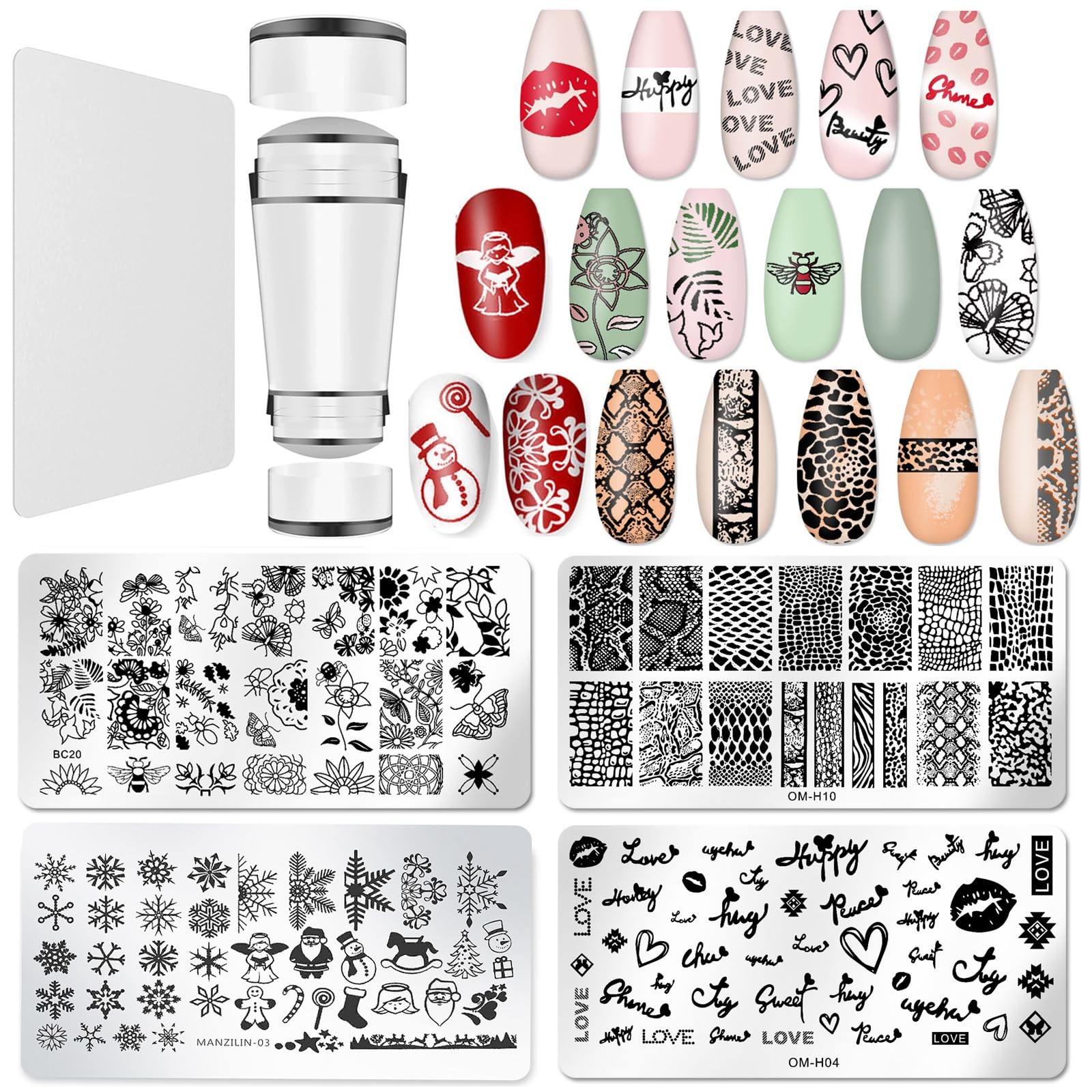 Nail Stamper Plate Kit, 4x Nail Stamping Plates +Dual-end Silicone Nail Art S…