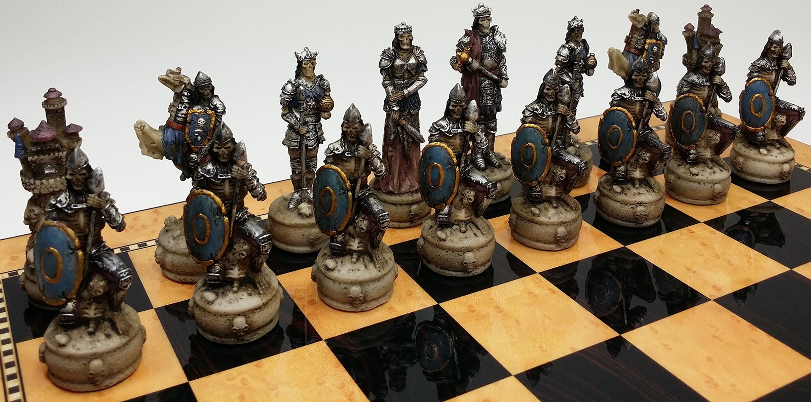 Skeleton Slayer Gothic Skull Chess Set W/High Gloss Dark Walnut & Birdseye…