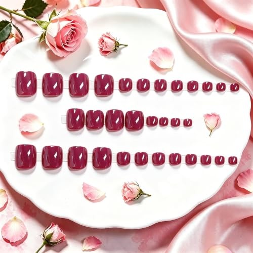 Plum Red Press on Toenails, 32 Pcs 16 Sizes Soft Gel Toe Press solid plum red