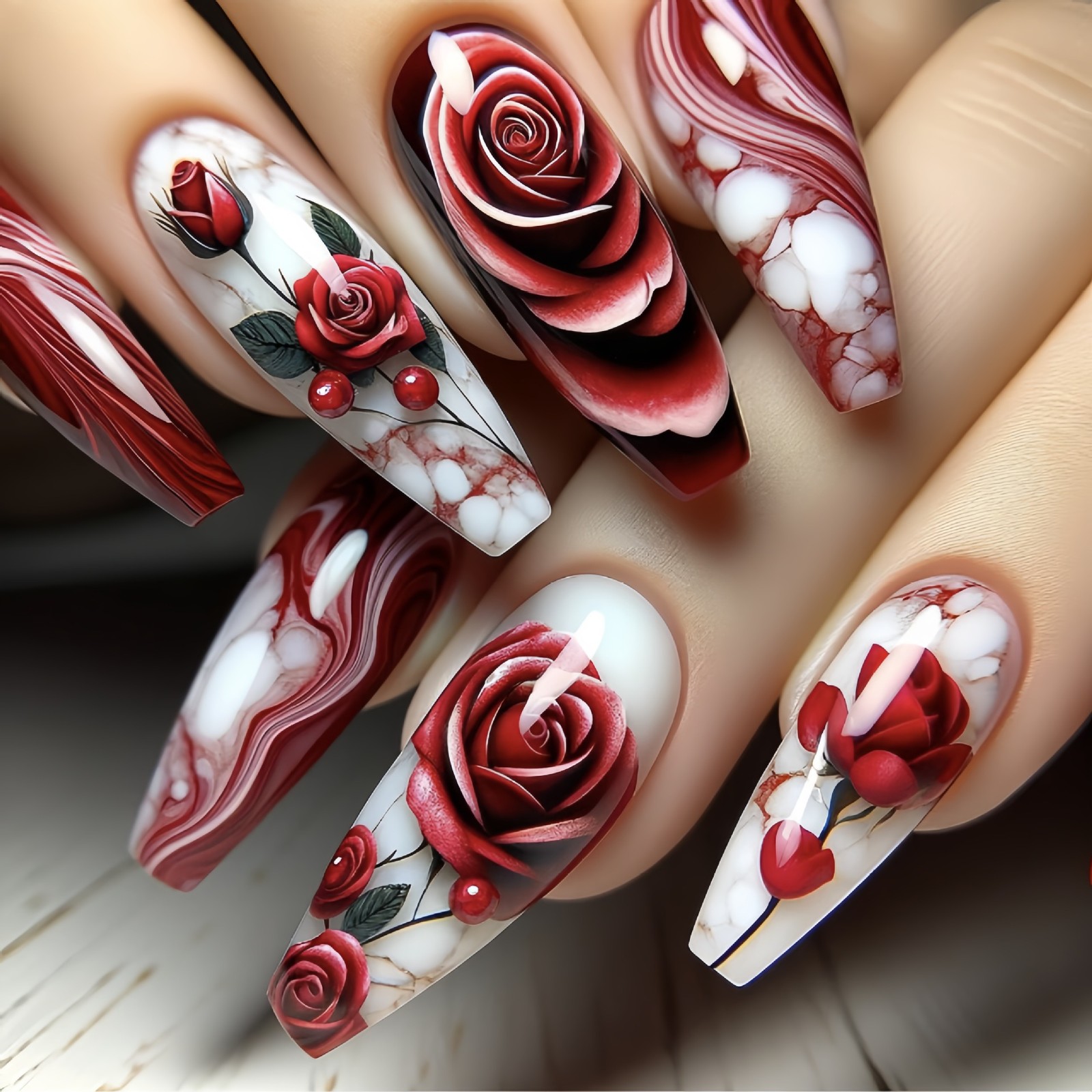 96PCS Rose Butterfly Press on Nails Red Black Elegant False Nail Tips 4 PACK
