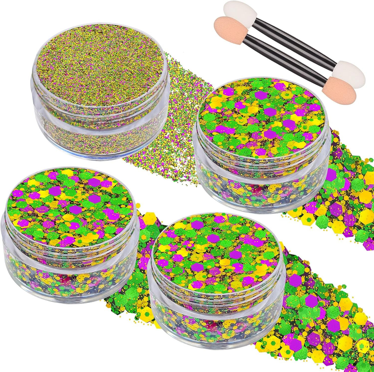 4 Jars Mardigras Face Glitter,Purple Green Gold Body Hair Glitter,Self-Adhesive