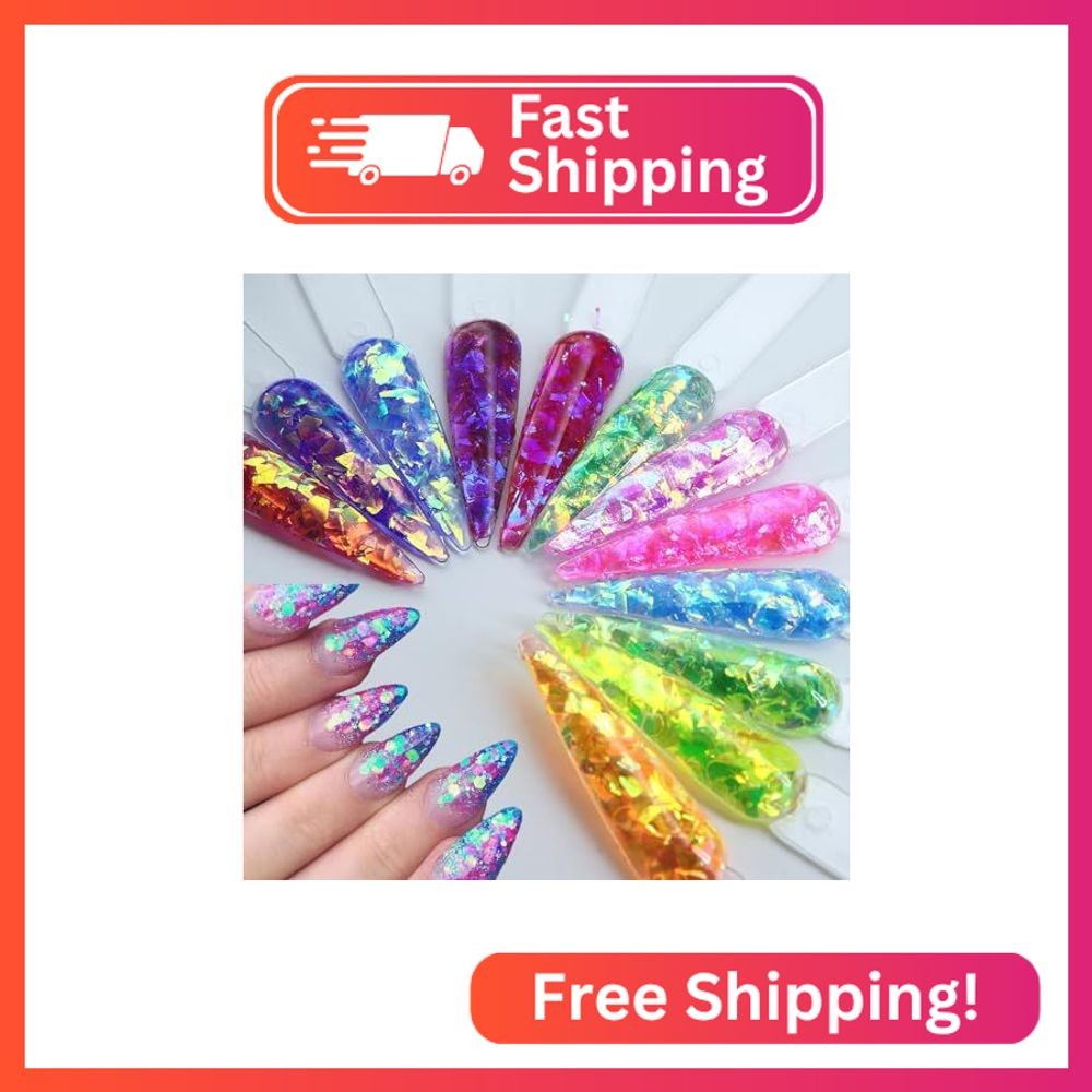 12Grids Holographic Mermaid Colorful Nail Art Glitter,Irregular Rainbow Candy Co