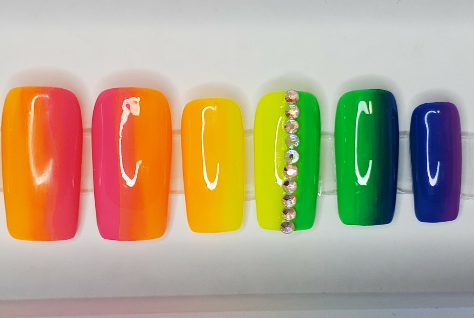 Neon Rainbow bling nails crystal pride set Press On nails diamond long square