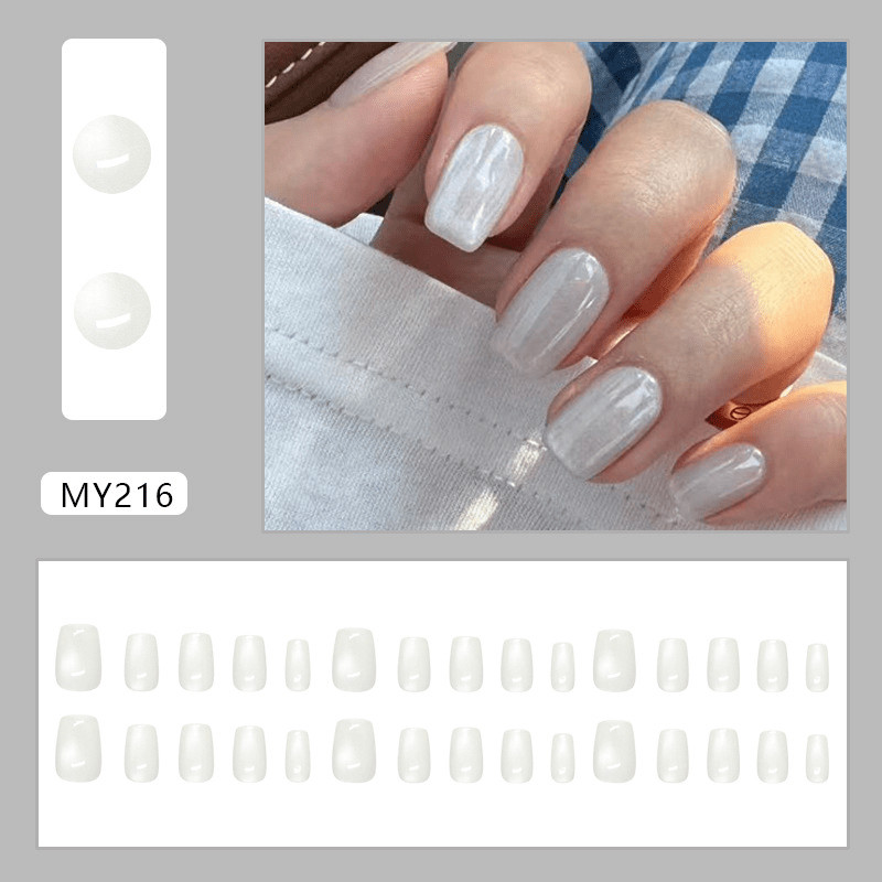 60pcs Short Square Press on Nails, Milky White Crystal Cat Eye Trendy Nailsv