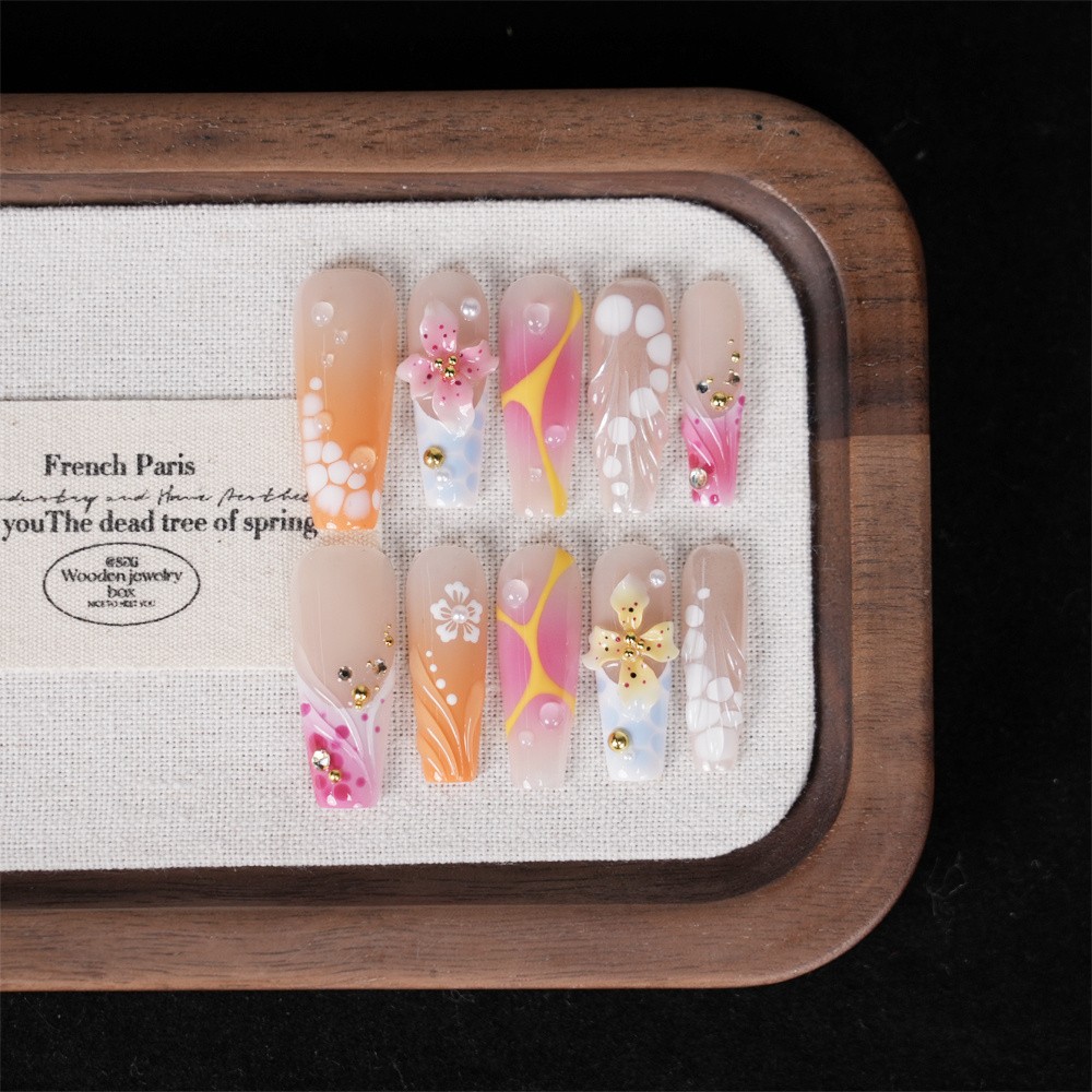 Handmade Orange Pink Gradient Floral Press on Nails Hand Painted Fake Nails