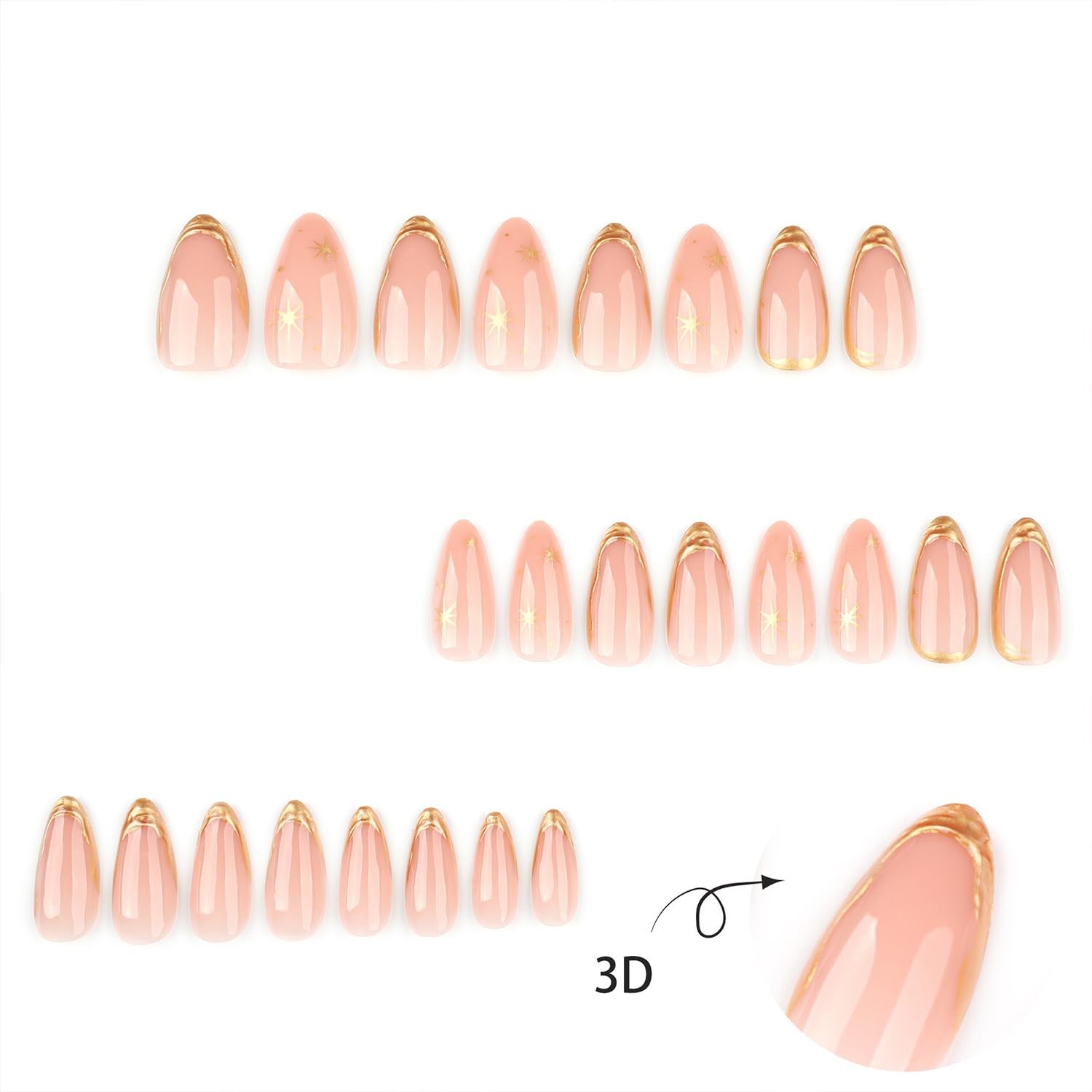 3D Gold Stripe French Tip Press on Nails Medium Almond Fake Nail with Gold St…